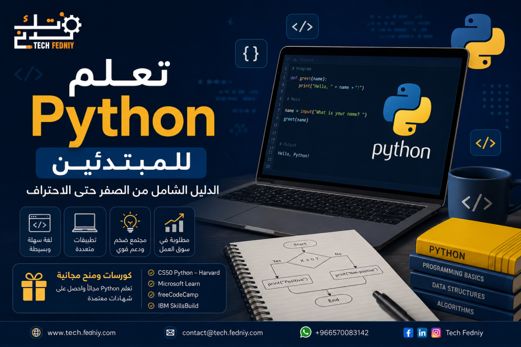 تعلم Python للمبتدئين من الصفر حتى الاحتراف – دليل شامل لتعلم البرمجة مع دورات ومصادر مجانية معتمدة.
